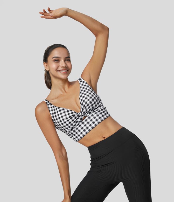 ropa activa cuadros blancos y negros BBV2NZ1601 mujer Halara Sujetador deportivo de yoga a cuadros vintage sin espalda con corte retorcido y soporte bajo