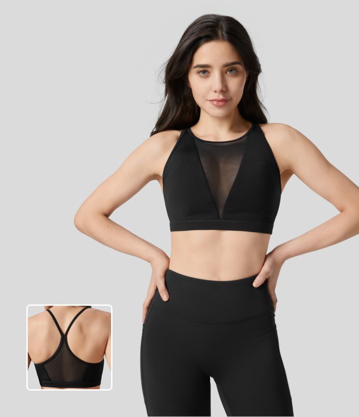 ropa activa negro BBV2NZ1580 mujer Halara Sujetador deportivo de yoga con espalda y malla en contraste de sujeción baja de Softlyzero