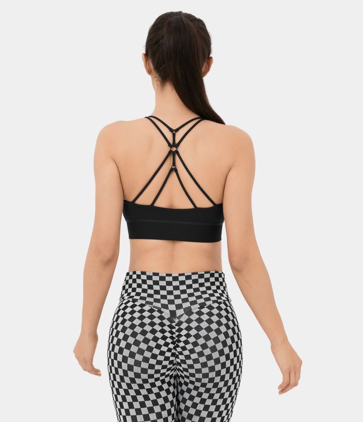 ropa activa negro BBV2NZ1611 mujer Halara Sujetador deportivo de yoga con dobladillo acanalado, espalda descubierta, cuello en U y soporte bajo