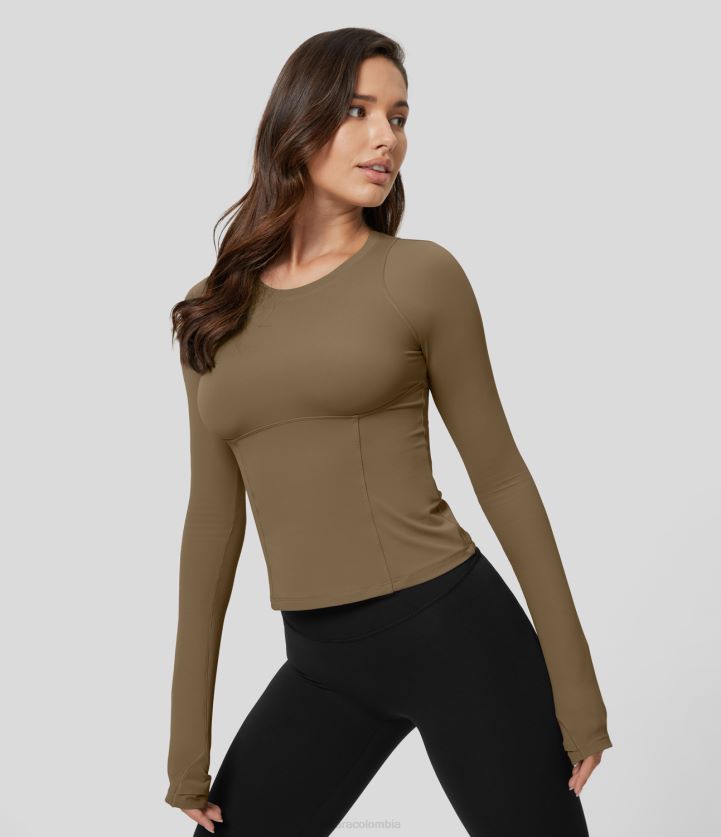 ropa activa Castaño BBV2NZ1838 mujer Halara Softlyzero top deportivo de yoga sólido con cuello redondo y manga larga con orificio para el pulgar