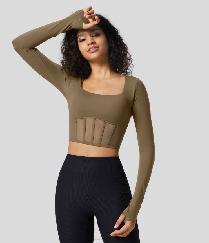 ropa activa Castaño BBV2NZ1892 mujer Halara Top deportivo de yoga recortado de malla con corsé con agujero para el pulgar y cuello cuadrado de softlyzero