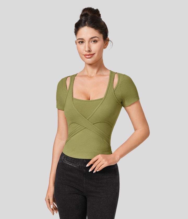 ropa activa aceituna verde BBV2NZ1808 mujer Halara Top deportivo informal recortado de punto acanalado con cuello cuadrado y manga corta con dobladillo curvo