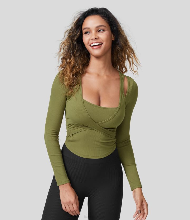 ropa activa aceituna verde BBV2NZ1859 mujer Halara Top deportivo informal recortado de punto acanalado con cuello cuadrado y manga larga con dobladillo curvo