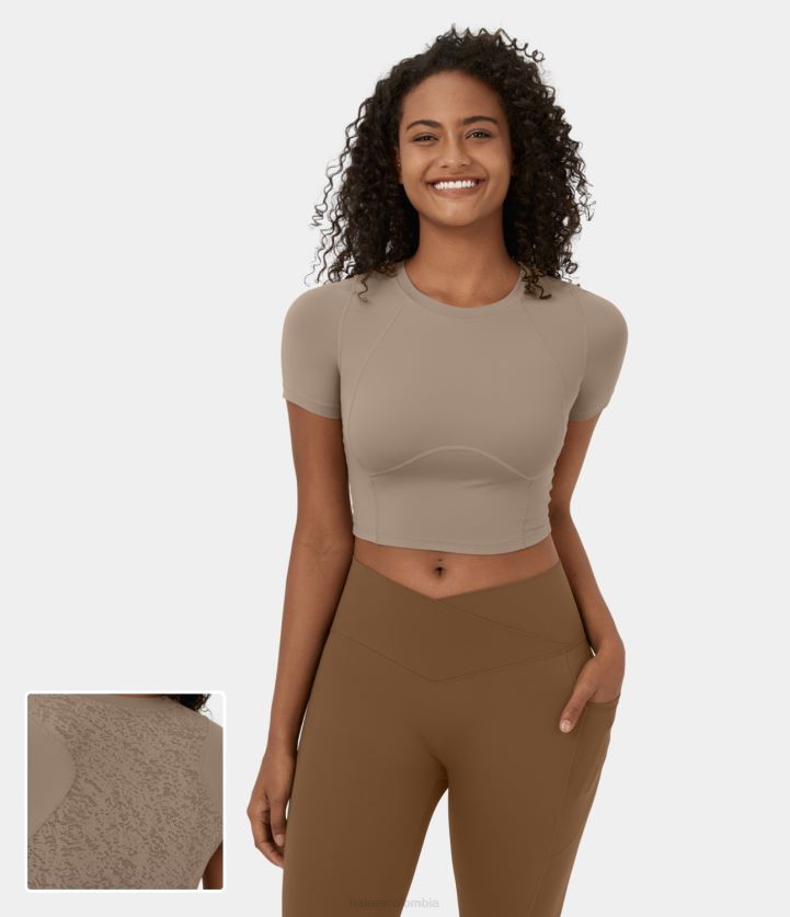 ropa activa almendrado BBV2NZ1889 mujer Halara Top deportivo de yoga recortado de jacquard de manga corta con cuello redondo