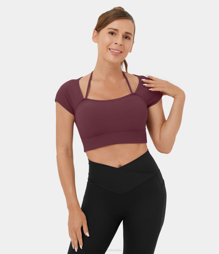 ropa activa andorra BBV2NZ1866 mujer Halara Top deportivo de yoga recortado de manga corta con tirantes halter de canalé