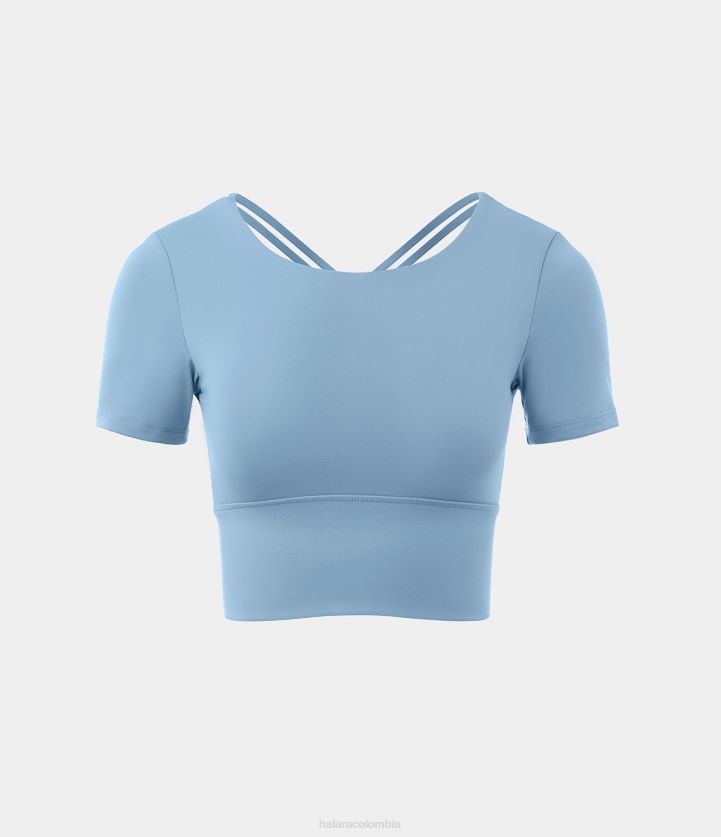 ropa activa azul glaciar BBV2NZ1809 mujer Halara top deportivo corto cruzado sin espalda y manga corta con cuello redondo