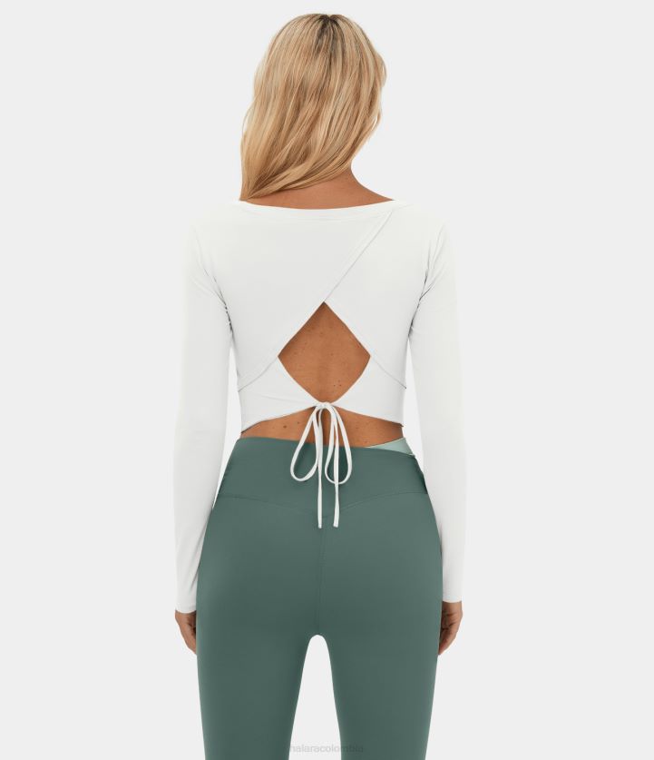 ropa activa blanco BBV2NZ1801 mujer Halara Top deportivo de baile de ballet con barra recortada y lazo en la espalda con abertura y espalda descubierta de manga larga