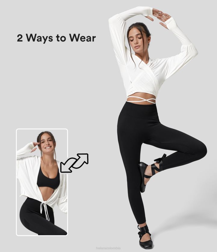 ropa activa blanco BBV2NZ1816 mujer Halara Top deportivo informal con cordones y orificio para el pulgar envuelto con cuello en V