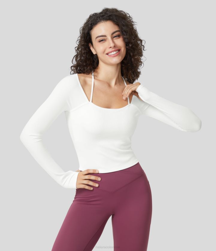 ropa activa blanco BBV2NZ1845 mujer Halara top deportivo de yoga con abertura para el pulgar y correa halter de canalé