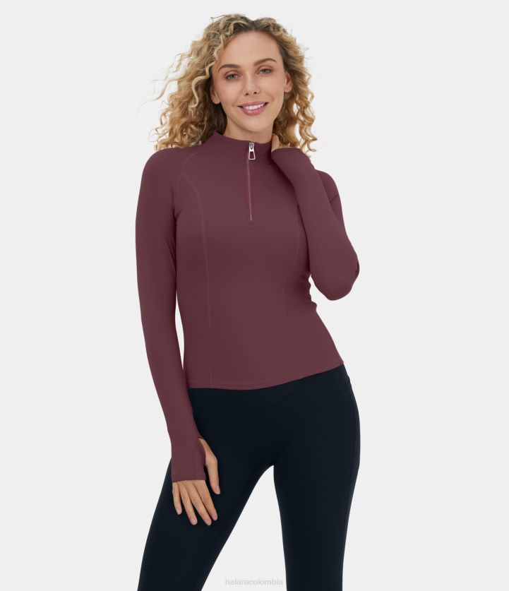 ropa activa caoba roja BBV2NZ1888 mujer Halara Top deportivo de yoga de felpa con media cremallera y orificio para el pulgar de Softlyzero