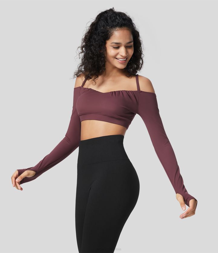 ropa activa caoba roja BBV2NZ1891 mujer Halara Top deportivo de yoga corto con abertura para el pulgar, manga larga y hombros descubiertos de felpa de softlyzero