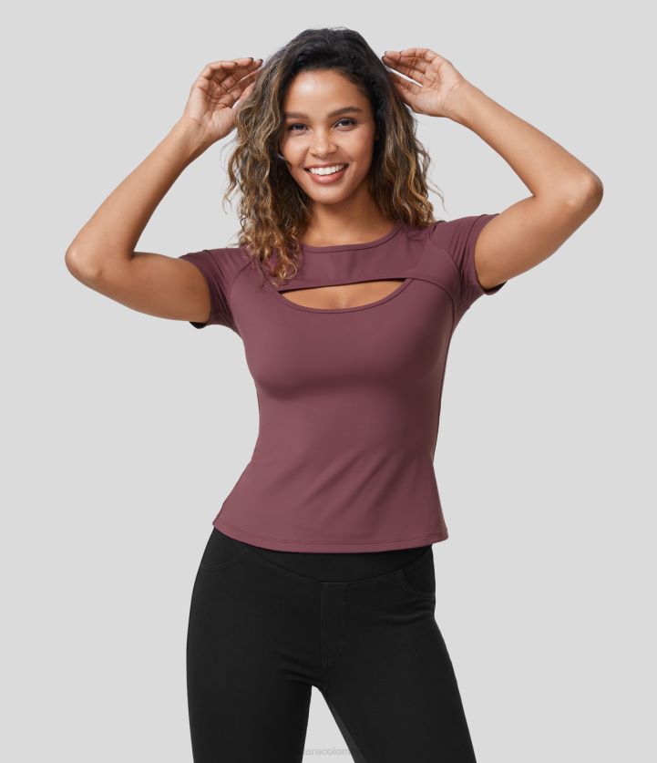 ropa activa caoba roja BBV2NZ1907 mujer Halara Top deportivo informal de manga corta con abertura y cuello redondo de felpa de softlyzero