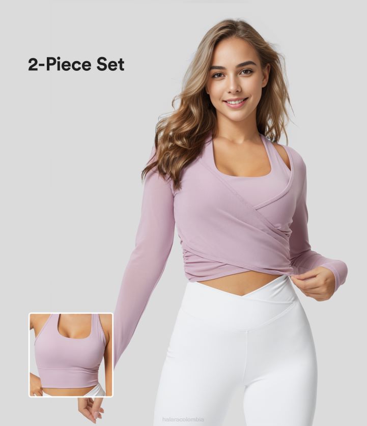 ropa activa lila violeta BBV2NZ1755 mujer Halara Top deportivo y camiseta sin mangas para yoga de malla lisa con dobladillo cruzado fruncido y manga larga