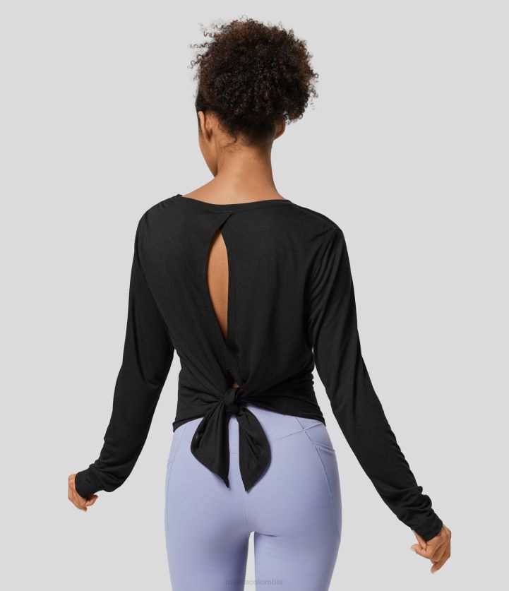 ropa activa negro BBV2NZ1804 mujer Halara Top deportivo de yoga con cuello redondo y manga larga con abertura y lazo en la espalda