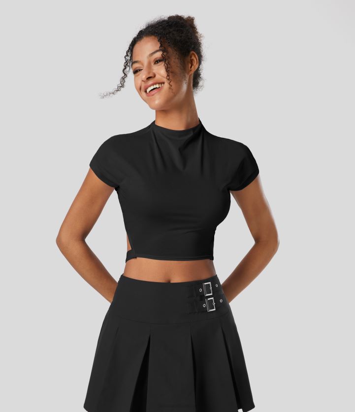 ropa activa negro BBV2NZ1826 mujer Halara Camiseta deportiva de baile de secado rápido recortada con hebilla ajustable y manga corta