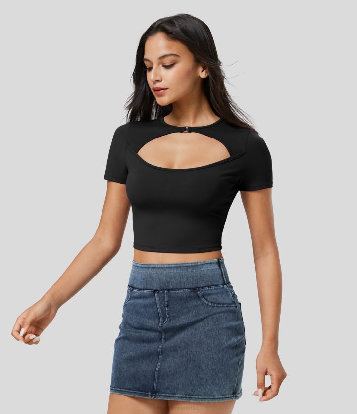 ropa activa negro BBV2NZ1842 mujer Halara Top deportivo informal recortado de manga corta con cuello redondo y felpa de softlyzero