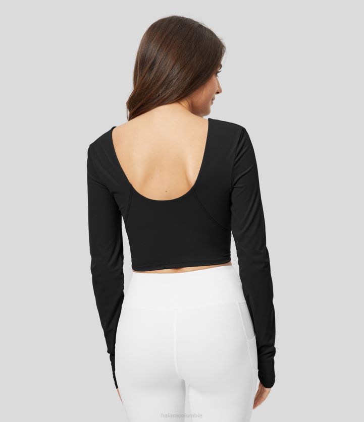ropa activa negro BBV2NZ1846 mujer Halara Top deportivo de yoga recortado con cuello en V, espalda descubierta y agujero para el pulgar acolchado