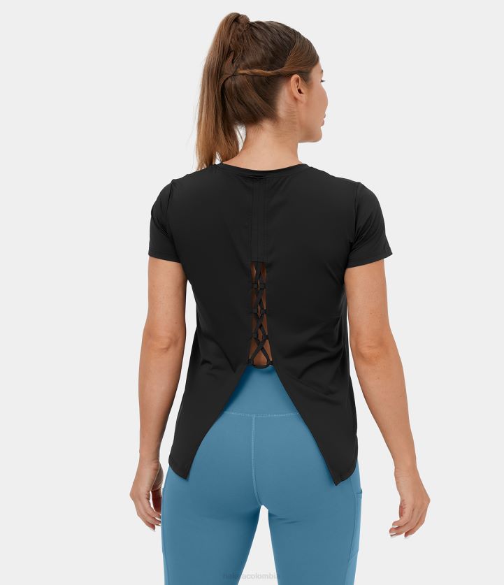 ropa activa negro BBV2NZ1856 mujer Halara Top deportivo de yoga con cuello redondo y manga corta con abertura entrecruzada y lazo en la espalda