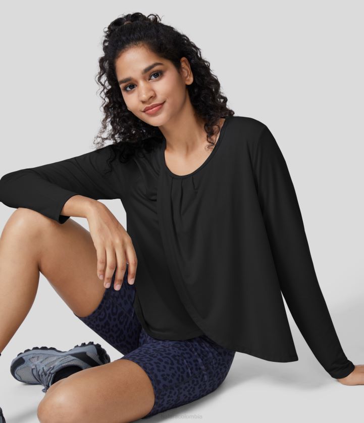 ropa activa negro BBV2NZ1872 mujer Halara top deportivo de yoga drapeado con dobladillo cruzado y manga larga plisada con cuello redondo