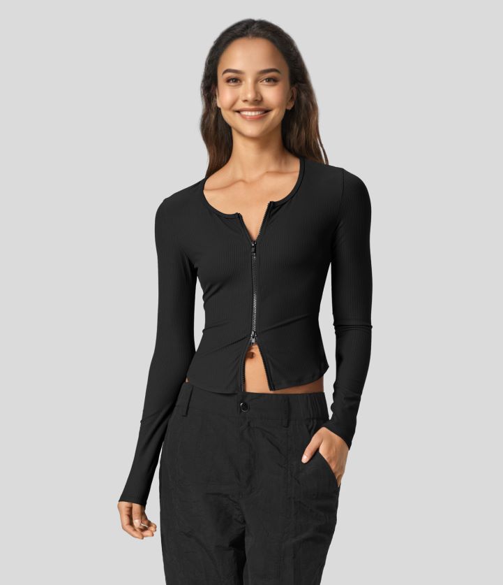 ropa activa negro BBV2NZ1874 mujer Halara Top deportivo de yoga de manga larga con cremallera bidireccional y cuello redondo acanalado