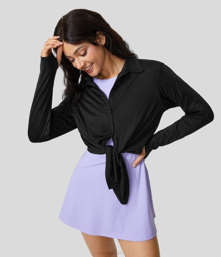 ropa activa negro BBV2NZ1880 mujer Halara Top deportivo informal con cuello y botón, orificio para el pulgar, tacto fresco