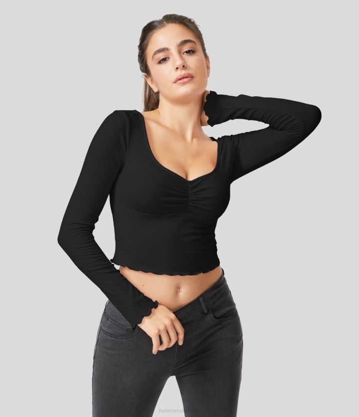 ropa activa negro BBV2NZ1909 mujer Halara Top deportivo informal recortado de manga larga fruncido con volantes de punto acanalado