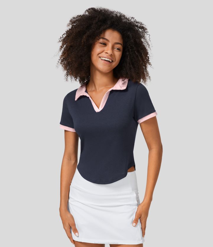 ropa activa noche parisina BBV2NZ1832 mujer Halara Top deportivo de algodón de golf con bloques de color y manga corta con cuello tipo polo