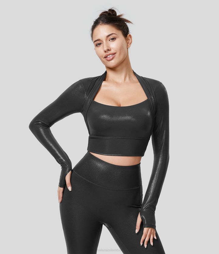 ropa activa original BBV2NZ1544 mujer Halara Softlyzero top deportivo de fiesta elástico de manga larga con agujero para el pulgar y estampado metalizado de imitación de cuero