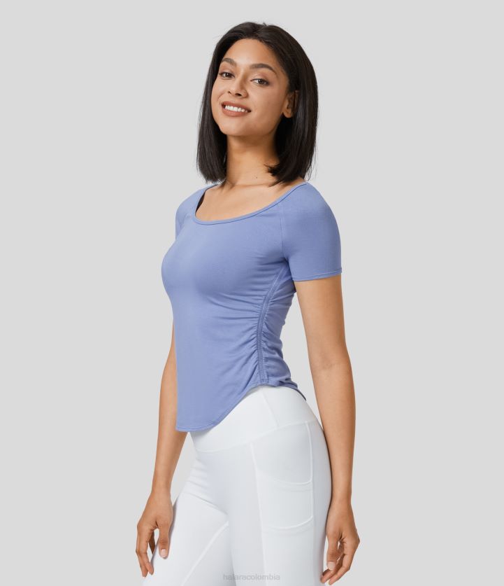 ropa activa original BBV2NZ1807 mujer Halara Top deportivo de yoga ajustado con cuello redondo y manga corta con dobladillo curvado fruncido