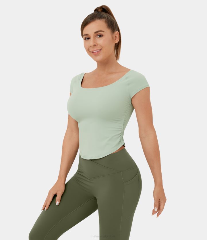 ropa activa original BBV2NZ1868 mujer Halara Top deportivo informal recortado con dobladillo curvo fruncido y manga corta con cuello en U