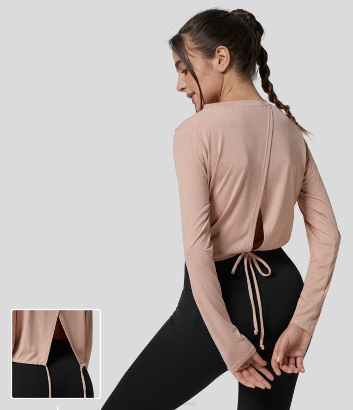 ropa activa original BBV2NZ1879 mujer Halara Top deportivo de yoga de manga larga con cuello redondo y lazo en la espalda