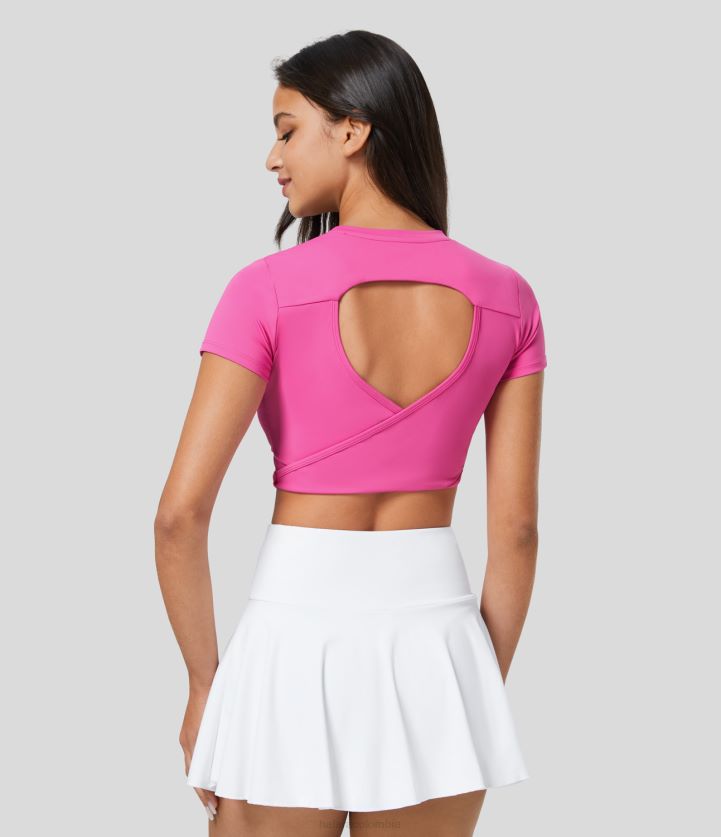 ropa activa precioso rosa empolvado BBV2NZ1883 mujer Halara Top deportivo de tenis recortado de secado rápido, sin espalda, manga corta y cuello redondo