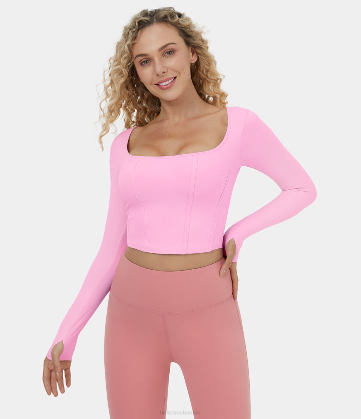 ropa activa ramillete BBV2NZ1898 mujer Halara Top deportivo de yoga corto con agujero para el pulgar y cuello cuadrado de felpa de Softlyzero