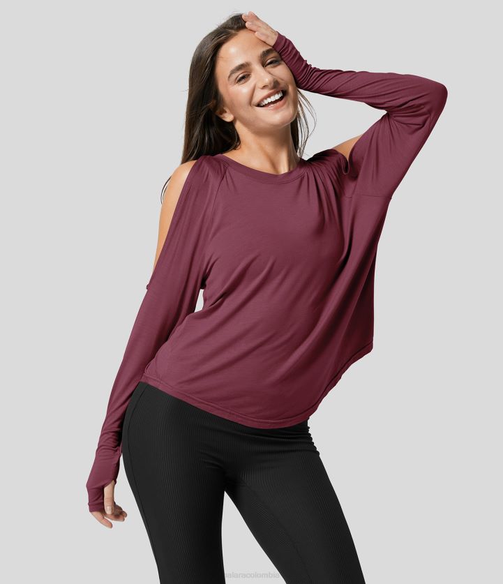 ropa activa rojo sangre de buey BBV2NZ1931 mujer Halara Top deportivo de yoga con cuello redondo, hombros descubiertos, manga larga, agujero para el pulgar, dobladillo curvo