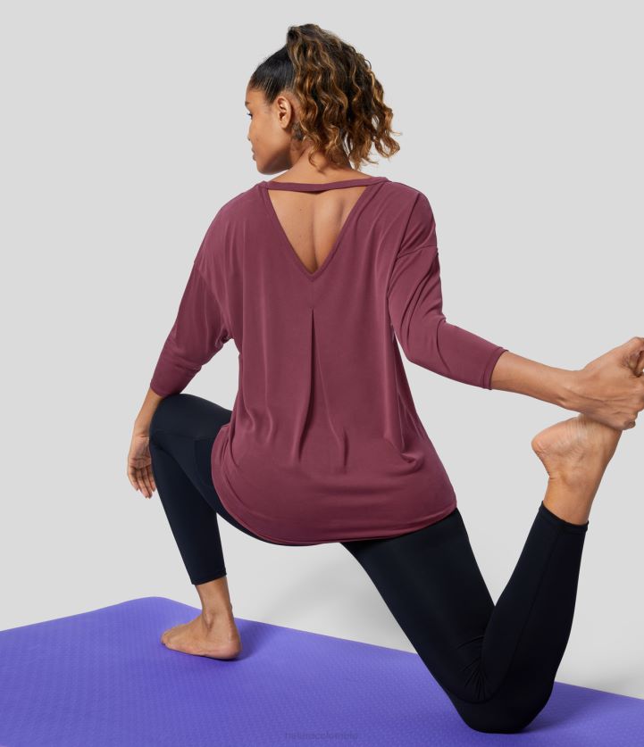 ropa activa rojo sangre de buey BBV2NZ1932 mujer Halara top deportivo de yoga con manga 3/4 y aberturas plisadas