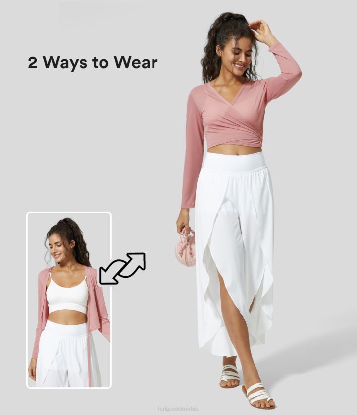 ropa activa rosa suave BBV2NZ1925 mujer Halara Top deportivo de malla de yoga recortada con lazo en la espalda y manga larga con cuello en V transparente