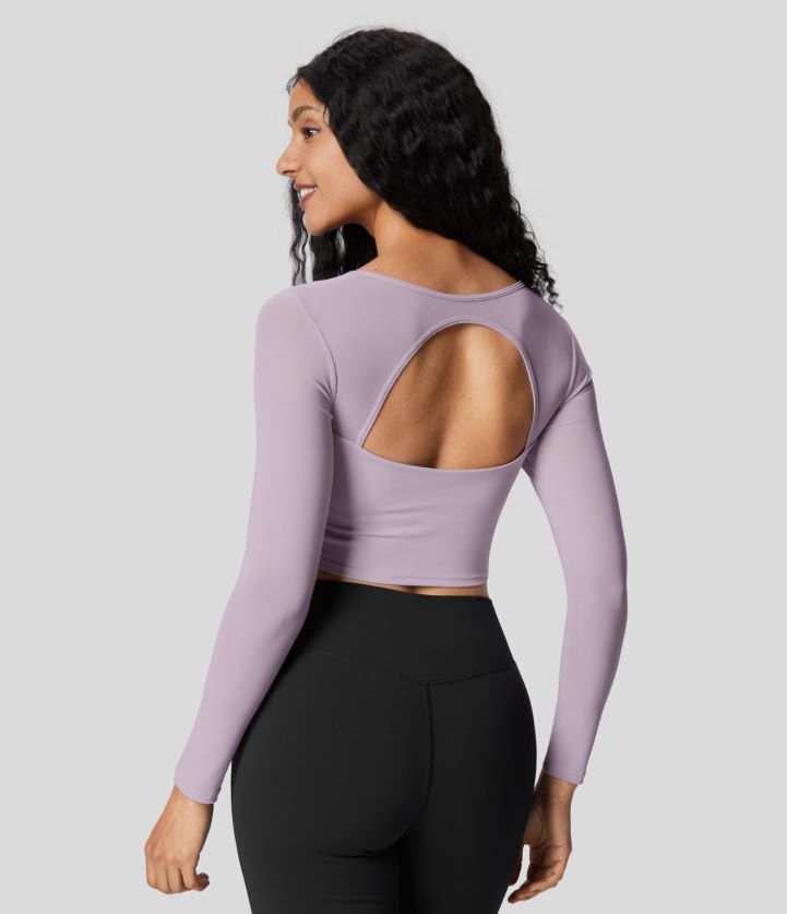 ropa activa rosado morado BBV2NZ1912 mujer Halara Top deportivo de yoga corto con cuello cuadrado, manga larga, espalda descubierta, malla en contraste, dobladillo curvado
