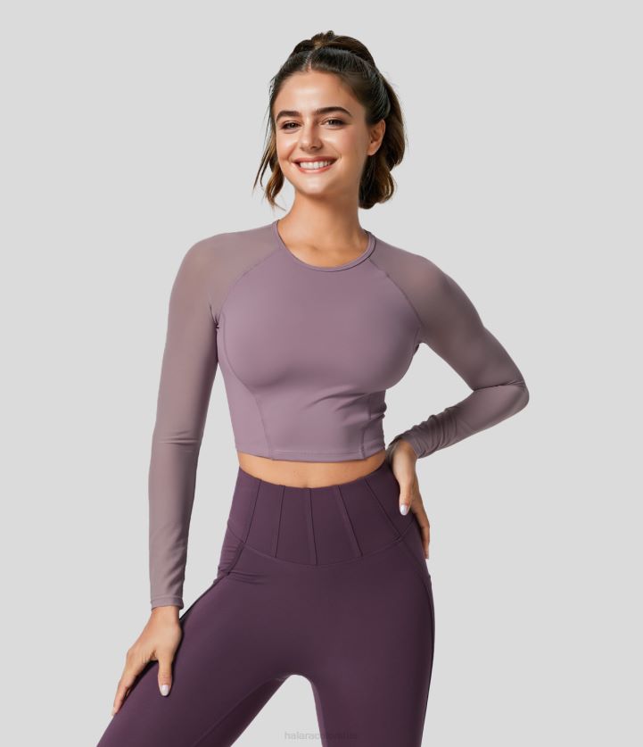 ropa activa saúco BBV2NZ1873 mujer Halara Top deportivo de yoga corto con mangas de malla en contraste aireado de Softlyzero