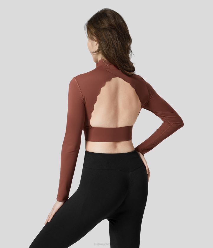 ropa activa secoya BBV2NZ1910 mujer Halara Top deportivo de yoga corto con ribete festoneado, manga larga y cuello alto recortado, de felpa, de softlyzero