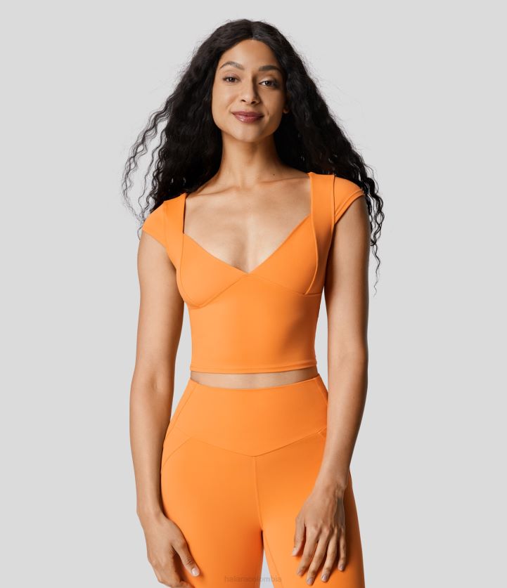 ropa activa sol naranja BBV2NZ1820 mujer Halara Top deportivo de yoga recortado con manga casquillo y cuello en V profundo de Softlyzero