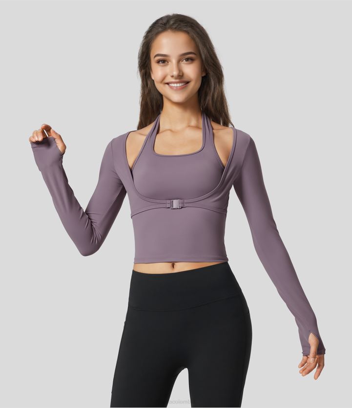 ropa activa tulipán morado BBV2NZ1830 mujer Halara Top deportivo de yoga 2 en 1 de manga larga con orificio para el pulgar y cuello halter de felpa de softlyzero