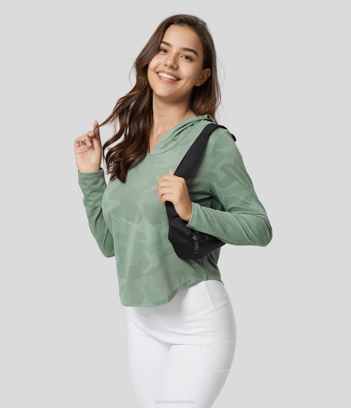 ropa activa verde helado BBV2NZ1928 mujer Halara Top deportivo de yoga de camuflaje con dobladillo curvado y manga larga con capucha