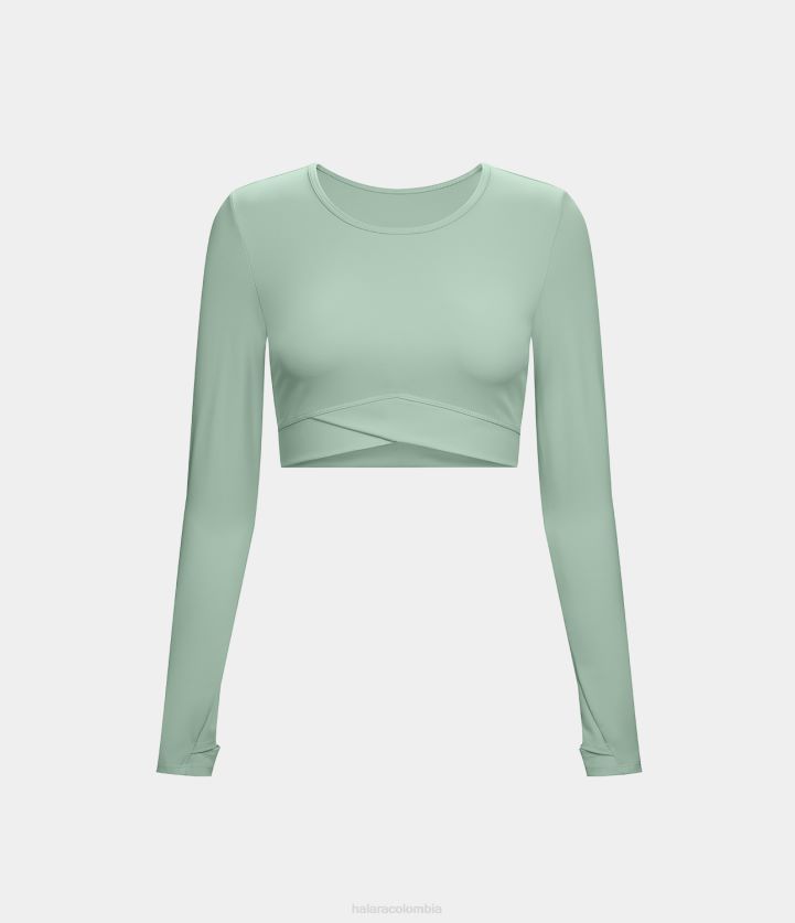 ropa activa verde sutil BBV2NZ1865 mujer Halara Top deportivo corto de felpa para yoga con dobladillo cruzado y orificio para el pulgar de Softlyzero