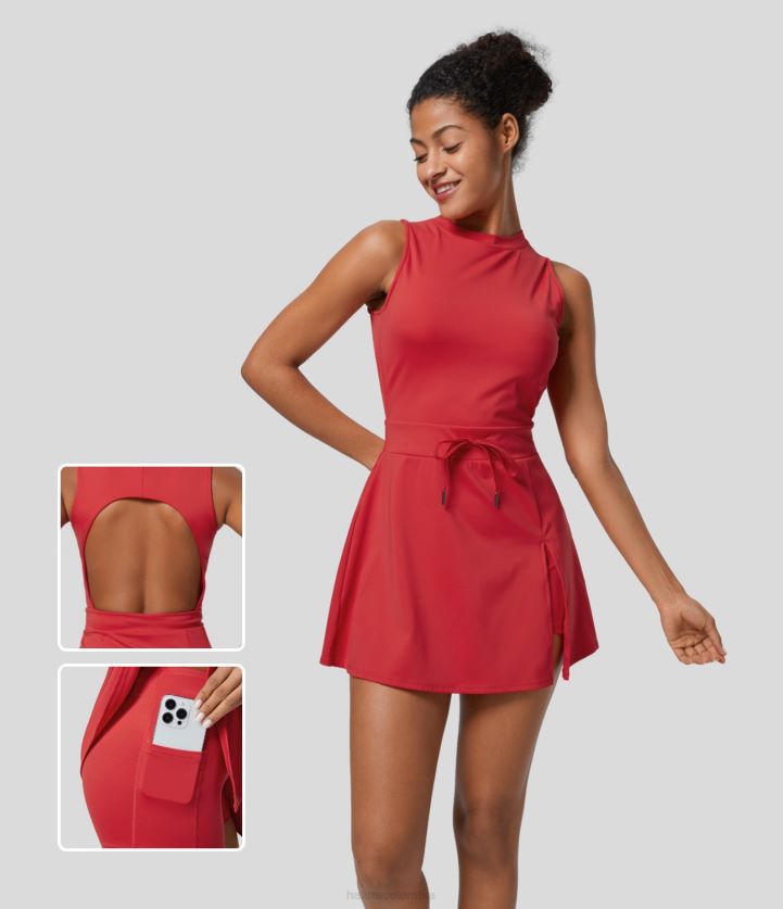 ropa activa Marte rojo BBV2NZ829 mujer Halara Softlyzero mini vestido activo de yoga aireado, sin mangas, sin espalda, con cordón dividido, bolsillo de 2 piezas, tacto fresco