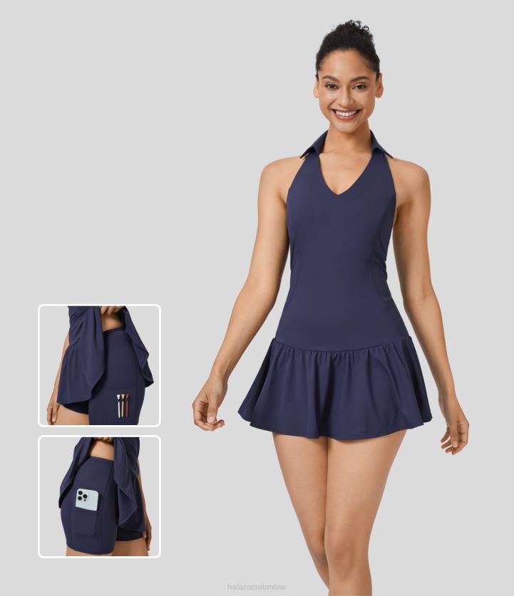 ropa activa amanecer morado BBV2NZ907 mujer Halara Halter sin espalda, dobladillo con volantes, bolsillo de 2 piezas, vestido activo de golf de secado rápido, bolsillo para camiseta de golf