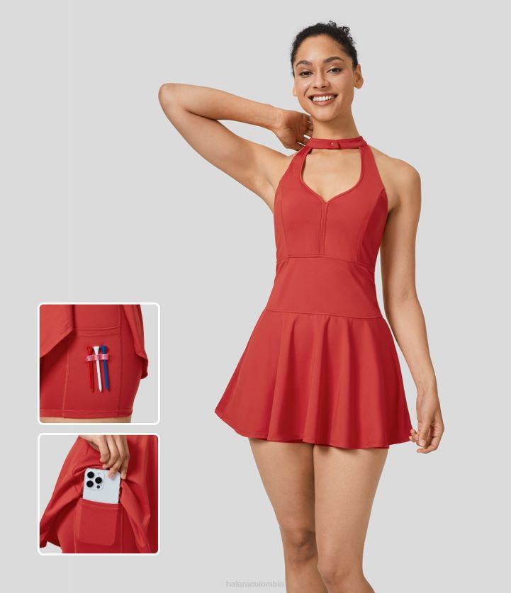 ropa activa amapola valiente BBV2NZ837 mujer Halara botón cuello en v espalda cruzada sin mangas bolsillo lateral de 2 piezas mini vestido activo de golf de secado rápido bolsillo para camiseta de gol