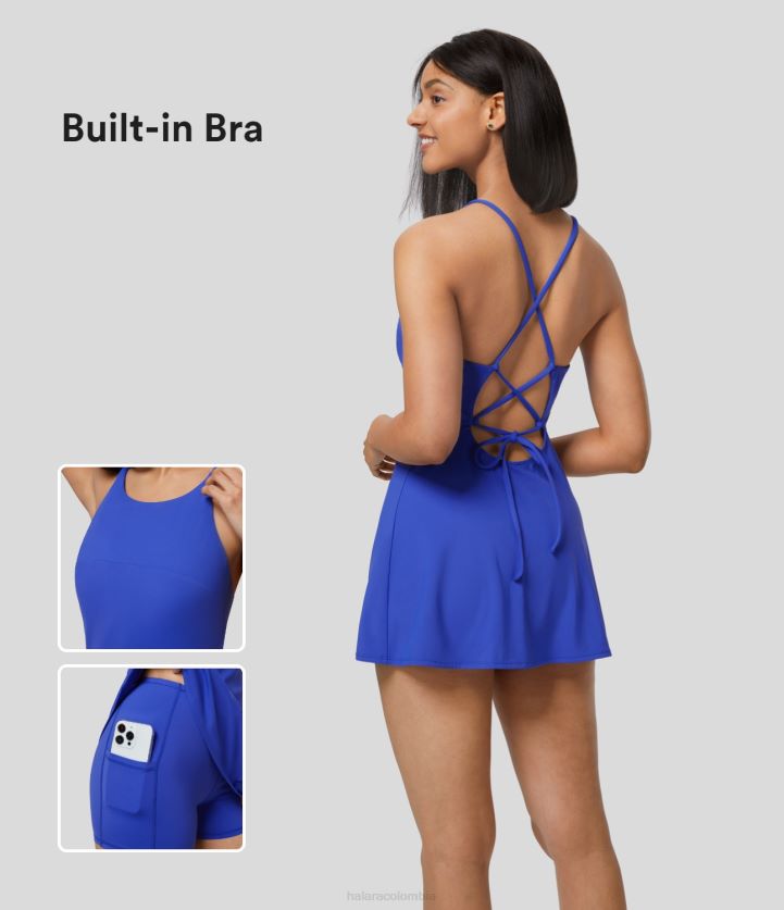 ropa activa aster azul BBV2NZ866 mujer Halara Mini vestido casual sin espalda con cordones y correa ajustable, conjunto de 2 piezas con bolsillo