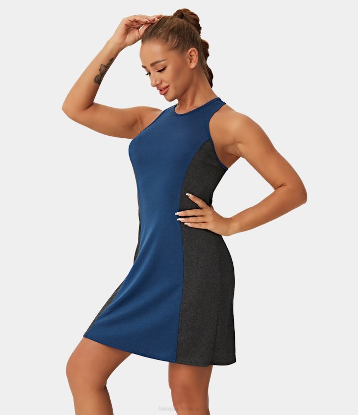 ropa activa azul índigo BBV2NZ867 mujer Halara vestido activo de yoga sin mangas con bloque de color y espalda cruzada sin espalda