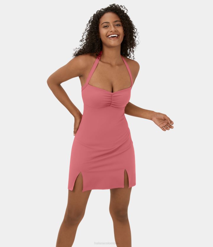 ropa activa begonia roja BBV2NZ860 mujer Halara Mini vestido activo de Pickleball con dobladillo dividido, espalda descubierta, fruncido, halter de felpa de Softlyzero