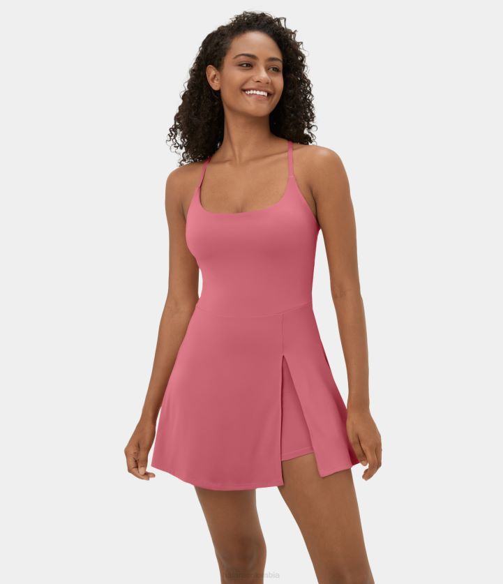 ropa activa begonia roja BBV2NZ923 mujer Halara Softlyzero mini vestido activo de pickleball con bolsillo 2 en 1, dobladillo dividido entrecruzado, espalda descubierta y felpa